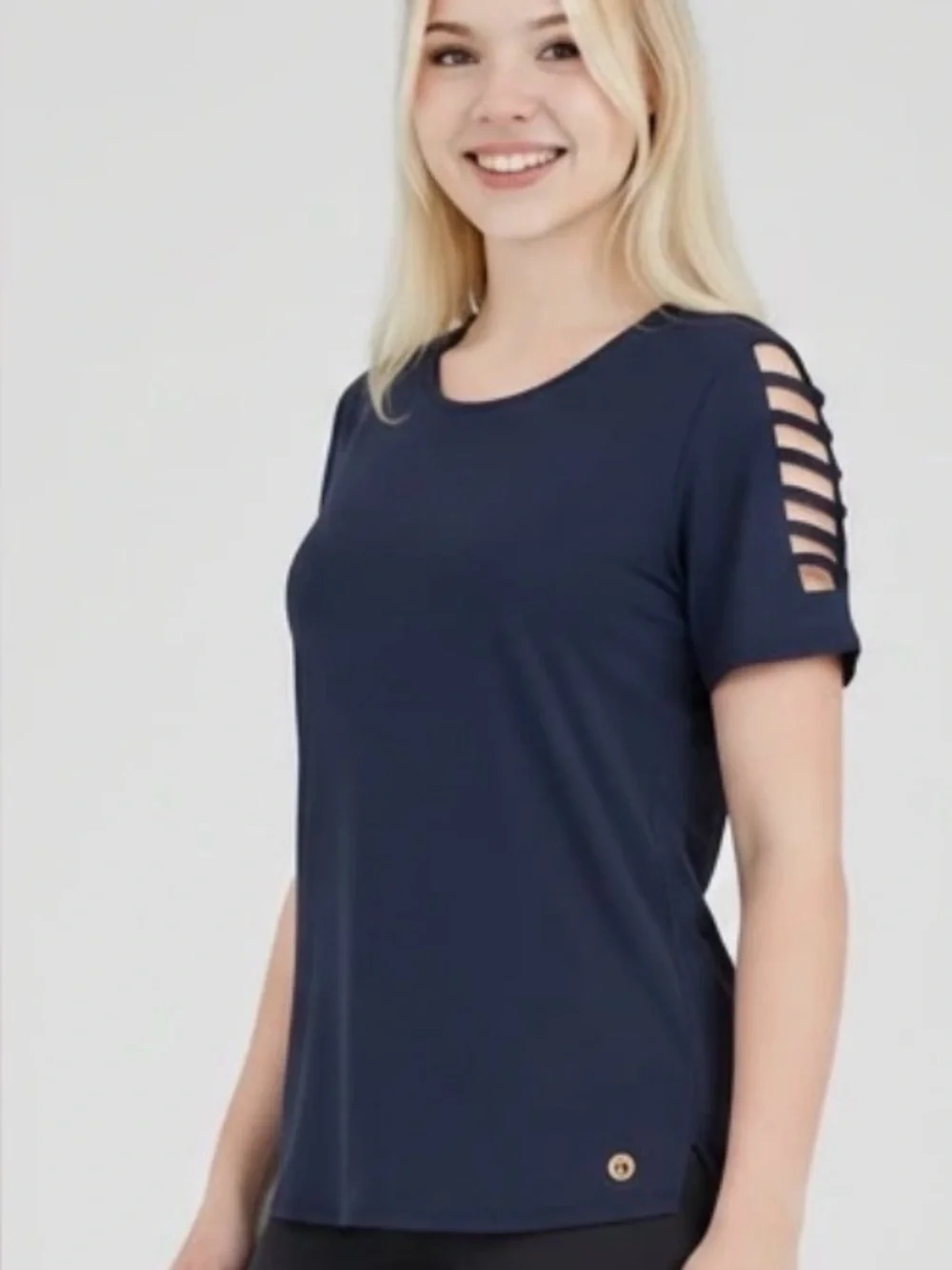 Michael Kors Women's Ladder Cut Short Sleeve Blouse shirt midnight blue medium